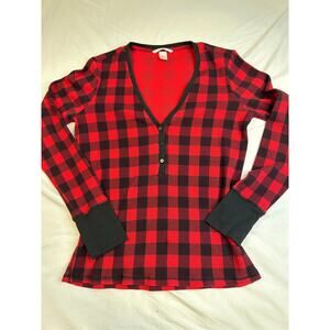 Victoria’s Secret Buffalo Plaid Thermal Henley Top Red Black M EUC